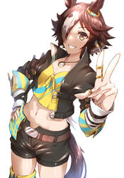  absurdres animal_ears anzo_(anzu_elichi0928) belt black_jacket black_shorts brown_belt brown_eyes brown_hair commentary_request cowboy_shot crop_top cropped_jacket female grin hair_over_one_eye hand_up highres horse_ears horse_girl jacket long_sleeves looking_at_viewer midriff navel open_clothes open_jacket shirt short_hair short_shorts shorts simple_background smile solo standing stomach tail thighs umamusume vodka_(umamusume) w white_background yellow_shirt 