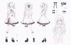  absurdres apron asymmetrical_legwear back_bow back_cutout bad_id bad_pixiv_id bandaid bandaid_on_leg barcode black_bow black_footwear black_hairband black_ribbon bow breasts center_frills cleavage cleavage_cutout closed_mouth clothing_cutout commentary_request cross cross-laced_clothes cross_cutout dress female frilled_apron frilled_dress frills from_behind from_side full_body hagoromo_mayo hairband hairbow heart_o-ring high_heels highres indie_virtual_youtuber juliet_sleeves latin_cross leotard long_hair long_sleeves looking_at_viewer loose_thighhigh maid_headdress mashiro_shiki medium_breasts multiple_views neck_ribbon official_art pink_dress pink_eyes puffy_sleeves ribbon shoes sidelocks thigh_strap thighhighs twintails uneven_legwear virtual_youtuber white_apron white_bow white_hair white_legwear white_leotard wing_print 