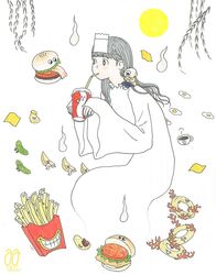  awai880 black_eyes blunt_bangs bright_pupils burger cup drinking drinking_straw egg_(food) female food french_fries fried_egg ghost grey_hair highres long_hair long_sleeves onion_rings original pickle signature solo white_background white_pupils wide_sleeves 