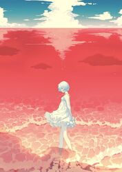  absurdres ayanami_rei bare_shoulders beach closed_mouth cloud cloudy_sky commentary day dress female from_side full_body highres horizon lcl looking_down neon_genesis_evangelion ocean red_eyes senkyou shore short_hair sky sleeveless solo walking water waves waving white_dress white_hair 