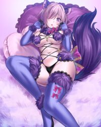  animal_ear_fluff animal_ears bikini blush boots bow breasts claw_pose commentary_request cross-laced_clothes curvy elbow_gloves embarrassed fake_nails fate/grand_order fate_(series) female fingernails fur-trimmed_gloves fur-trimmed_thighhighs fur_bikini fur_collar fur_trim gloves gyoza_(pi512126) hair_over_one_eye heart heart-shaped_pillow highres lace-trimmed_thighhighs looking_at_viewer lying mash_kyrielight mash_kyrielight_(dangerous_beast) medium_breasts narrow_waist navel official_alternate_costume on_back open_mouth partial_commentary pillow puffy_short_sleeves puffy_sleeves purple_bikini purple_eyes purple_gloves purple_hair purple_tail purple_thighhighs revealing_clothes sharp_fingernails short_hair short_sleeves solo stomach swimsuit tail thick_thighs thigh_boots thighhighs thighs thong wide_hips wolf_ears wolf_tail 