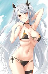  :q antenna_hair arm_up armpits azur_lane bare_arms bare_shoulders bikini black_bikini black_choker black_ribbon blue_background blush breasts choker cleavage closed_mouth collarbone commentary cowboy_shot cross cross_earrings earrings female finger_to_face flag_print german_flag_bikini hair_ribbon head_tilt highres jewelry large_breasts long_hair multicolored_hair navel official_alternate_costume prinz_eugen_(azur_lane) prinz_eugen_(unfading_smile)_(azur_lane) red_eyes red_hair ribbon side-tie_bikini_bottom sideboob signature smile solo stomach streaked_hair swimsuit thigh_strap tongue tongue_out two_side_up underboob very_long_hair white_hair yorugami_rei 