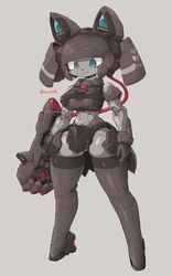  absurdres android animal_nose breasts cable female full_body grey_background highres holding holding_weapon kuruton486 looking_ahead medium_breasts metal_skin original parted_lips science_fiction simple_background smile solo twitter_username weapon 