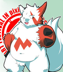  2011 anthro belly black_nose english_text fur generation_3_pokemon kemono navel nintendo one_eye_closed overweight overweight_anthro pokemon pokemon_(species) red_body solo sugekuma text white_body white_fur wink zangoose zangoose_day 