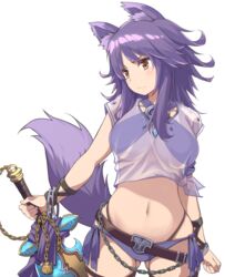  animal_ear_fluff animal_ears ass_visible_through_thighs belt bikini blush bracelet breasts brown_eyes chains closed_mouth cowboy_shot criss-cross_halter female halterneck jewelry large_breasts makoto_(princess_connect!) makoto_(summer)_(princess_connect!) multi-strapped_bikini_bottom navel parted_bangs princess_connect! purple_bikini purple_hair ribucci shirt short_sleeves sidelocks simple_background solo swimsuit sword tail thighs tied_shirt weapon white_background white_shirt wolf_ears wolf_girl wolf_tail 