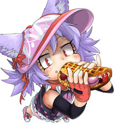  animal_ears blush collar commentary_request detached_sleeves dog_child_(doitsuken) dog_ears doitsuken eating female fingerless_gloves food from_above gloves hat original pink_footwear pink_hat purple_hair red_eyes shoes short_hair shorts simple_background slit_pupils sneakers solo spiked_collar spikes visor_cap waffle white_background 