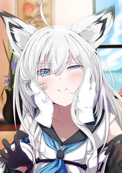  absurdres animal_ear_fluff animal_ears aqua_eyes azur_lane black_gloves black_serafuku blue_neckerchief blue_sky blush cheek_squash closed_mouth cloud commentary_request day detached_sleeves disembodied_hand drawing_(object) female flower fox_ears fox_girl gloves hair_between_eyes hair_ornament half-closed_eye hands_on_another&#039;s_cheeks hands_on_another&#039;s_face highres indoors kawakaze_(azur_lane) long_hair long_sleeves looking_at_viewer md5_mismatch neckerchief pov school_uniform serafuku shimofuji_jun sky smile solo_focus white_hair wide_sleeves window 