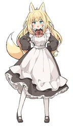  :3 :d animal_ears apron aqua_eyes black_dress black_footwear blonde_hair blush bow bowtie commentary_request dress female fox_ears fox_girl fox_tail full_body fuwafuwa-chan_(kamiyoshi_rika) hands_on_own_hips highres kamiyoshi_rika light_blush long_hair long_sleeves looking_at_viewer maid maid_apron multicolored_hair open_mouth original pantyhose red_bow red_bowtie simple_background smile solo standing streaked_hair tail white_apron white_background white_hair white_pantyhose 