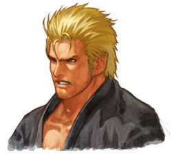  1boy aged_up alternate_costume beard black_clothes blonde_hair brown_eyes buriki_one colored_eyelashes dougi facial_hair karate_gi looking_to_the_side male_focus mature_male mr._karate_ii muscular muscular_male neo_geo_battle_coliseum official_art ogura_eisuke open_mouth portrait ryou_sakazaki ryuuko_no_ken short_hair sideburns simple_background snk solo teeth white_background 