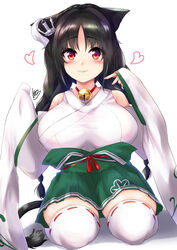  anchor_hair_ornament animal_ears azur_lane bell black_hair blush braid breasts cat_ears covered_nipples detached_sleeves female green_hakama hair_ornament hakama hakama_skirt heart highres ibara_azuki japanese_clothes jingle_bell kimono large_breasts lips looking_at_viewer neck_bell ooshio_(azur_lane) red_eyes shadow signature simple_background sitting skirt smile solo thighhighs twin_braids wariza white_background white_thighhighs zettai_ryouiki 