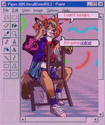  1990s 2023 90&#039;s_theme abstract_background absurd_res adobe_photoshop_(artwork) anthro artist_name beverage black_nose blue_bottomwear blue_clothing blue_eyes blue_jacket blue_shorts blue_text blue_topwear bottomwear brown_body brown_eyes brown_fur canid canine cel_shading cellphone chair character_name clothed clothing crop_top cutoffs denim denim_bottomwear denim_clothing dialogue digital_drawing_(artwork) digital_media_(artwork) dipstick_tail electronics english_text felid feline female female_anthro flip_phone footwear fox full-length_portrait fur furniture hair heterochromia hi_res highlights_(coloring) holding_beverage holding_object holding_phone hybrid icee jacket literaldeerirl mammal markings microsoft microsoft_paint_(copyright) microsoft_windows midriff multicolored_clothing multicolored_jacket multicolored_topwear on_chair open_mouth orange_hair phone phone_call pink_clothing pink_footwear pink_jacket pink_shoes pink_text pink_tongue pink_topwear portrait purple_clothing purple_jacket purple_topwear red_clothing red_crop_top red_fox red_shirt red_topwear serval shaded shirt shoes shorts sitting sitting_backwards sitting_on_chair slurpee sneakers snout socks solo tail tail_markings teeth text tongue topwear true_fox user_interface white_body white_fur window_(computing) yellow_eyes 