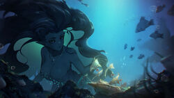  bare_shoulders breasts cleavage dress female fins fish floating_hair giant giantess head_fins highres jewelry jiliang_jiying_yumao large_breasts long_hair looking_to_the_side mermaid monster_girl necklace original parted_lips pearl_necklace pointy_ears school_of_fish seafloor ship shipwreck solo strapless strapless_dress tube_dress underwater very_long_hair water watercraft 