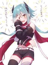  anna_(princess_connect!) asymmetrical_sleeves bandaged_arm bandaged_leg bandages bare_shoulders black_horns black_shirt black_shorts black_sleeves black_thighhighs blue_hair commentary_request crop_top detached_sleeves drooling facial_mark female gucchiann hair_between_eyes hand_up heterochromia highres horns long_hair long_sleeves open_mouth princess_connect! puffy_long_sleeves puffy_sleeves red_eyes red_scarf saliva scarf shirt short_shorts shorts single_thighhigh sleeveless sleeveless_shirt solo sparkle thighhighs translation_request very_long_hair wavy_mouth yellow_eyes 