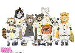  2020 anthro arai_rascal ball baseball_(ball) baseball_(sport) baseball_glove baseball_uniform bear belly black_body black_fur bottomwear brand_new_animal brown_body brown_fur canid canine closed_eyes clothing english_text eyewear fur glasses group hat headgear headwear hi_res jackie_(brand_new_animal) kemono male mammal official_art pants polar_bear_(brand_new_animal) procyonid raccoon raccoon_dog shirt simple_background slightly_chubby sloth_bear_(brand_new_animal) sport sportswear studio_trigger tanuki text topwear uniform white_background white_body white_fur 