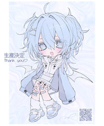  :d absurdres ahoge bad_id bad_pixiv_id bandaid bandaid_on_knee bandaid_on_leg bandaid_on_neck blue_background blue_eyes blue_footwear blue_hair blush chibi colored_eyelashes commentary_request crossed_bandaids demon_wings female full_body hair_ornament hairclip highres jacket loose_socks mashiro_shiki oerba_yun_fang open_mouth original qr_code shoes signature sleeves_past_fingers sleeves_past_wrists smile sneakers socks solo two_side_up white_jacket white_socks white_wings wings x_hair_ornament 