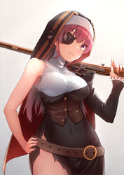  alternate_costume alternate_hairstyle antique_firearm belt belt_buckle breasts buckle eyepatch female firelock frown gun hair_down hand_on_own_hip highres holding holding_weapon hololive houshou_marine large_breasts long_hair matchlock musket navel pocket_watch purple_hair red_eyes red_hair sitouanang solo torn_clothes very_long_hair virtual_youtuber watch weapon 