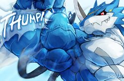  anthro bandai_namco belt biceps big_biceps big_muscles clothing digimon digimon_(species) exveemon flexing flexing_bicep hi_res male muscular muscular_male pecs solo torn_clothing vein veiny_muscles waddledox 