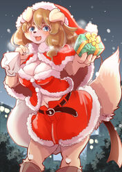  2021 alternative_fashion anthro bag belly belt blue_eyes bottomwear breasts brown_hair canid canine canis christmas christmas_clothing christmas_headwear cleavage clothed clothing costume domestic_dog female gift hair hat headgear headwear holidays j-fashion kemono looking_at_viewer mammal navel open_mouth open_smile santa_costume santa_hat setouchi_kurage skirt smile snow solo standing 