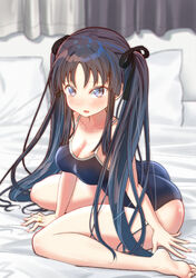  alternate_hairstyle ass assault_lily bare_arms bare_legs bare_shoulders barefoot bed between_legs black_hair black_ribbon blue_one-piece_swimsuit blurry blurry_background blush breasts cleavage collarbone commentary_request competition_school_swimsuit curtains female fingernails from_side hair_ribbon hand_between_legs indoors jewelry leaning_forward long_hair looking_at_viewer looking_to_the_side medium_breasts nose_blush on_bed one-piece_swimsuit parted_lips pillow purple_eyes ribbon ring school_swimsuit shirai_yuyu sidelocks sitting skull573 soles solo swimsuit twintails very_long_hair wariza 