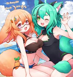  2girls ahoge animal_ear_fluff animal_ears arm_support bare_shoulders blush bonnie_(bunny_gif) breasts carrot cat_cutout cat_ears cat_girl cat_tail cleavage cleavage_cutout clothing_cutout cloud cloudy_sky commission crop_top dot_nose feet_out_of_frame glasses green_eyes green_hair hair_between_eyes hair_ornament hairclip horizon indie_virtual_youtuber looking_at_viewer midriff momo_mischief multiple_girls navel open_mouth orange_hair outdoors pink_eyes rabio_(labi555) semi-rimless_eyewear skeb_commission sky sleeveless smile tail tareme thick_eyebrows under-rim_eyewear virtual_youtuber water 