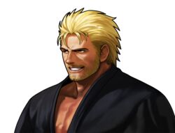  1boy aged_up alternate_costume beard black_clothes blonde_hair brown_eyes buriki_one colored_eyelashes dougi facial_hair karate_gi looking_to_the_side male_focus mature_male mr._karate_ii muscular muscular_male neo_geo_battle_coliseum official_art ogura_eisuke open_mouth pectoral_cleavage pectorals portrait ryou_sakazaki ryuuko_no_ken short_hair sideburns simple_background smile snk solo teeth white_background 