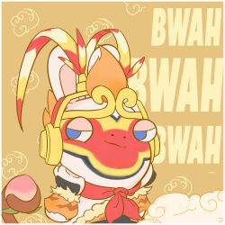  1:1 absurd_res anthro ascot bent_arm blue_eyes bodypaint brown_tail circlet closed_smile clothed clothed_anthro clothed_male clothing digital_drawing_(artwork) digital_media_(artwork) electronics english_description face_paint featureless_crotch flat_colors fog food fruit fur hair half-closed_eyes half-length_portrait hand_on_own_face headphones hi_res lagomorph long_ears male male_anthro mammal mitten_hands mouth_closed narrowed_eyes official_art orange_background orange_clothing orange_hair orange_shirt orange_topwear orange_wristband pattern_background pawpads peach_(fruit) plant portrait rabbid rabbid_monkey_king rabbids:_party_of_legends raving_rabbids rayman_(series) red_ascot shirt simple_background smile solo tail tail_holding_object tan_eyelids tan_inner_ear tan_pawpads text topwear ubisoft unknown_artist white_body white_fur 