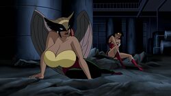  2girls cleavage dc dc_comics dcau diana_prince edit feathered_wings female female_only fully_clothed hawkgirl huge_breasts justice_league justice_league_unlimited screenshot screenshot_edit shayera_hol superheroine tiara wings wonder_woman wonder_woman_(series) 