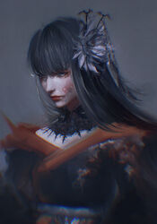  absurdres bat_hair_ornament black_collar black_hair black_kimono blood blood_on_face blunt_bangs collar commentary female final_fantasy final_fantasy_xiv flower grey_background grey_eyes hair_flower hair_ornament highres hyur japanese_clothes kimono lace_collar long_hair mole mole_under_mouth norino_(106592473) realistic solo straight_hair upper_body yotsuyu_goe_brutus 