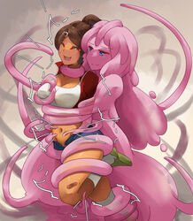  2girls asahina_aoi bakasp-lilzy bandaid bandaid_on_leg breasts brown_hair commission danganronpa:_trigger_happy_havoc danganronpa_(series) dark-skinned_female dark_skin grabbing grabbing_another&#039;s_breast highres interspecies large_breasts laughing mixed-language_commentary monster_girl multiple_girls navel pixiv_commission restrained slime_girl tentacle tickling tickling_breasts tickling_legs tickling_stomach yuri 