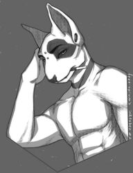  2022 anthro black_body black_fur black_markings black_nose black_sclera bull_terrier canid canine canis collar domestic_dog ear_piercing free-opium fur greyscale head_on_hand hi_res hunting_dog inktober inktober_2022 looking_at_viewer male mammal markings monochrome multicolored_body multicolored_fur muscular muscular_anthro nose_bridge_piercing piercing shaded simple_background simple_shading sobak_(free-opium) solo terrier tobacco white_body white_fur 