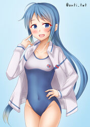  alternate_costume anti_(untea9) blue_background blue_eyes blue_hair blue_one-piece_swimsuit breasts collarbone commentary_request covered_navel female gradient_background gradient_hair hand_on_own_hip high_school_fleet highres jacket kantai_collection long_hair long_sleeves looking_at_viewer multicolored_hair new_school_swimsuit one-piece_swimsuit open_mouth samidare_(kancolle) school_swimsuit small_breasts smile solo swept_bangs swimsuit twitter_username two-tone_swimsuit very_long_hair white_jacket white_one-piece_swimsuit yokosuka_girls_marine_high_school_swimsuit 