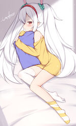  animal_ears azur_lane blush fake_animal_ears female full_body hairband highres hugging_object irokari laffey_(azur_lane) legs long_hair lying no_pants off_shoulder on_side orange_shirt pillow pillow_hug rabbit_ears red_eyes shirt single_sock single_thighhigh sleeves_past_wrists socks solo striped_clothes striped_footwear thighhighs thighs twintails very_long_hair white_hair white_socks white_thighhighs yellow_socks 