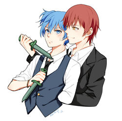  2boys akabane_karma ansatsu_kyoushitsu arm_behind_back black_jacket black_necktie blue_eyes blue_hair blue_vest blush closed_mouth collared_shirt commentary cropped_torso dagger dated frown hair_between_eyes holding holding_dagger holding_knife holding_weapon jacket knife kunugigaoka_middle_school_uniform lapels long_sleeves looking_at_another looking_back male_focus meipoi multiple_boys necktie notched_lapels open_collar red_hair school_uniform shiota_nagisa shirt short_hair simple_background smile suit_jacket upper_body vest weapon white_background white_shirt yaoi yellow_eyes 