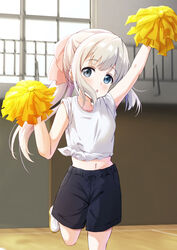  akebi-chan_no_serafuku black_shorts blue_eyes cheering cheerleader commentary_request cowboy_shot female grey_hair hiraiwa_hotaru holding holding_pom_poms indoors long_hair looking_at_viewer navel pom_pom_(cheerleading) ponytail railing shirt shorts sleeves_rolled_up solo tied_shirt triangle_(zztg3775) window 