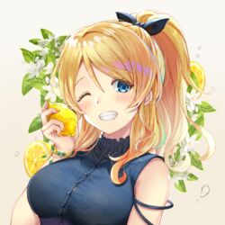  ;d ayase_eli bare_shoulders black_ribbon black_shirt blonde_hair blue_eyes blush bracelet breasts button_gap female flower food fruit gakuon_(gakuto) grin hair_ribbon highres holding holding_food holding_fruit jewelry leaf lemon lemon_blossoms lemon_slice long_hair love_live! love_live!_school_idol_project medium_breasts nail_polish one_eye_closed open_mouth orange_nails parted_bangs ponytail ribbon shirt sidelocks sleeveless sleeveless_shirt smile solo teeth upper_body white_flower 