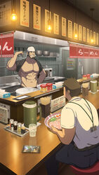  2boys ^_^ abs bandana bara bare_pectorals beard black_hair bowl chair chef chopsticks closed_eyes clothes_lift cup eating egg_(food) facial_hair flexing food grin highres indoors jug_(bottle) large_pectorals light_bulb male_focus mature_male meandros multiple_boys muscular muscular_male nipples noodle_strainer noodles original oro9 paid_reward_available pectorals ramen restaurant shirt_behind_neck shirt_lift short_hair sitting smile stomach strainer stubble thick_eyebrows tied_sleeves topless_male white_bandana 