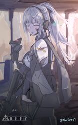  absurdres ak-12 ak-12_(girls&#039;_frontline) assault_rifle black_gloves black_pants blood blood_on_face braid broken_glass closed_eyes female french_braid girls&#039;_frontline glass gloves gun headset high_ponytail highres kalashnikov_rifle long_hair midriff pants partially_fingerless_gloves rifle shu70077 tactical_clothes weapon white_hair window 