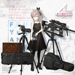  ankle_boots astg bad_link bag bare_shoulders belt black_belt black_dress black_footwear black_legwear bolt_action boots bracelet camera cheytac_m200 closed_mouth collarbone dress female full_body girls&#039;_frontline gun hair_ornament handbag high_heels highres holding jewelry m200_(girls&#039;_frontline) m200_(war_correspondent)_(girls&#039;_frontline) official_alternate_costume official_art ponytail promotional_art purple_eyes rifle scope shoes sleeveless sleeveless_dress sniper_rifle solo standing suitcase weapon wristwear 