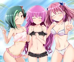  3girls andrew_(duel_angel) bikini black_bikini breasts brown_eyes cleavage closed_eyes cowboy_shot frilled_bikini frills green_hair hand_up highres hiiragi_yuzu kirishima_romin long_hair medium_hair mizuki_kotori_(yu-gi-oh!) multiple_girls navel outdoors parted_lips pink_hair purple_hair smile striped_bikini striped_clothes swimsuit tree v very_long_hair water yu-gi-oh! yu-gi-oh!_arc-v yu-gi-oh!_sevens yu-gi-oh!_zexal 