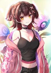  black_tank_top blush breasts brown_hair crop_top female hair_ornament hair_ribbon highres hololive jacket large_breasts looking_at_viewer midriff multicolored_hair navel pink_hair pink_jacket ribbon roboco-san roboco-san_(workoutwear) tank_top virtual_youtuber yellow_eyes 