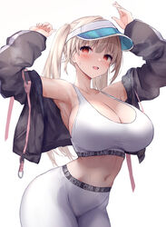  azur_lane bare_shoulders black_jacket blonde_hair blush breasts cleavage clothes_writing commentary cowboy_shot english_text female hat huge_breasts jacket kersaint_(azur_lane) kersaint_(reverent_runner)_(azur_lane) long_hair navel official_alternate_costume open_mouth pants red_eyes sports_bra sportswear sweatdrop twintails visor_cap white_pants white_sports_bra yoga_pants yuuki_shuri 