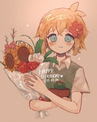  1boy bad_id bad_twitter_id basil_(faraway)_(omori) basil_(omori) birthday blonde_hair blue_eyes blush bouquet cactus collared_shirt commentary dated english_commentary flower flower_pot gladiolus green_sweater_vest hair_flower hair_ornament happy_birthday highres hinshi_hp0 holding holding_bouquet holding_flower_pot lily_of_the_valley looking_at_viewer male_focus omori orange_background pink_flower plant potted_plant red_flower rose shirt short_hair smile solo sunflower sweater_vest upper_body white_flower white_shirt yellow_flower 