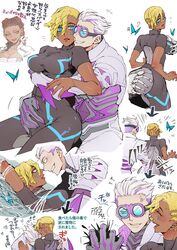  1boy 2girls animification apex_legends arachnoid_rush_octane ass_grab black_bodysuit blue_butterfly bodysuit braid brown_eyes bug butterfly genderswap_(mtf) gloves goggles grey_gloves hair_behind_ear hair_slicked_back heart highres hug hug_from_behind jacket light_show_seer loba_(apex_legends) looking_back multiple_girls octane_(apex_legends) official_alternate_costume parted_lips purple_hair red_hair rule_63 seer_(apex_legends) senbiki_(nonono69) smile straight surprised twin_braids veins white_hair white_jacket 