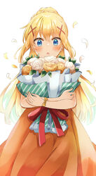  :o absurdres alternate_costume blonde_hair blue_eyes blush bouquet bow braid breasts darkness_(konosuba) dress female flower hair_ornament highres holding kono_subarashii_sekai_ni_shukufuku_wo! long_hair orange_bow orange_dress petals ponytail solo wrist_bow x_hair_ornament yuno_(suke_yuno) 