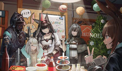  1other 4girls absurdres alternate_universe amiya_(arknights) animal_ears arknights bad_id bad_pixiv_id black_gloves black_hair black_jacket blaze_(arknights) blue_eyes blush bottle breasts brown_hair cake camera candle cat_ears commentary_request cup doctor_(arknights) feather_hair fingerless_gloves food frostnova_(arknights) gloves grey_eyes grey_hair greythroat_(arknights) hair_between_eyes hair_ornament hairband hairclip highres holding holding_camera holding_cup hood hooded_jacket indoors jacket jewelry long_hair long_sleeves meganeno_dokitsui multiple_girls open_clothes open_jacket parted_lips party plate rabbit_ears red_hairband ring scar scar_on_face shelf shirt short_hair sidelocks smile thumb_ring translation_request tree upper_body v white_jacket 