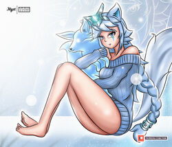  1girls alternate_costume barefoot blue_eyes blue_hair feet female female_focus foot_fetish fox fox_ears fox_tail full_body io_(paladins) luna_(paladins) paladins sweater sweater_dress tail yhw 