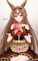  animal_ears bare_shoulders blush box breasts brown_gloves brown_hair closed_mouth commentary_request cosplay dress ear_ornament female frilled_dress frills gem gloves hair_between_eyes hairband heart-shaped_box highres holding holding_box horse_ears horse_girl long_hair looking_at_viewer lryutanl medium_breasts mihono_bourbon_(code:glassage)_(umamusume) mihono_bourbon_(umamusume) mihono_bourbon_(umamusume)_(cosplay) multicolored_hair satono_diamond_(umamusume) sitting smile solo streaked_hair striped_clothes striped_hairband twitter_username umamusume very_long_hair white_hair yellow_eyes 