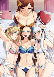  4girls armpits ass_visible_through_thighs blonde_hair blush bra breasts brown_hair cellphone cleavage drooling garter_belt girl_sandwich hand_on_another&#039;s_head harem heart heart-shaped_pupils heart_in_mouth highres katarina_claes lap_pillow large_breasts lingerie long_hair maria_campbell mary_hunt medium_breasts multiple_girls navel open_mouth otome_game_no_hametsu_flag_shika_nai_akuyaku_reijou_ni_tensei_shite_shimatta panties phone sandwiched selfie short_hair small_breasts smartphone sophia_ascart stomach symbol-shaped_pupils thighhighs underwear underwear_only white_hair xter yuri 