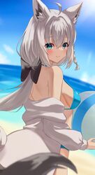  ahoge animal_ear_fluff animal_ears ball beachball bikini black_bow blue_bikini blush bow braid breasts commentary_request day dutch_angle earrings female fox_ears fox_girl fox_tail green_eyes hair_between_eyes hairbow highres holding holding_ball hololive jacket jewelry long_hair looking_at_viewer looking_back ocean official_alternate_costume open_clothes open_jacket outdoors pendora1022 shirakami_fubuki shirakami_fubuki_(hololive_summer_2019) sidelocks single_braid small_breasts smile solo swimsuit tail virtual_youtuber white_hair white_jacket 