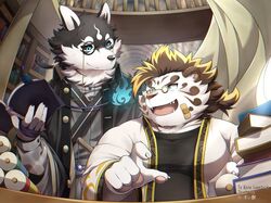  2boys animal_ears bandaid bandaid_on_face bara belly black_sclera blue_eyes blush book book_stack bookmark bookshelf claws colored_sclera commission desk dog_boy dog_ears fangs fat fat_man furry furry_male holding holding_book licho_(housamo) looking_at_another male_focus masanori_(housamo) multiple_boys open_book open_mouth pawpads ponytail ponzu_tas round_eyewear scroll skeb_commission smile thank_you tiger_boy tiger_ears tiger_stripes tokyo_afterschool_summoners 